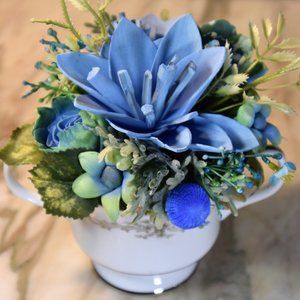 Vintage Sango sugar bowl filled with Sola flowers airbrushed in soothing blues
